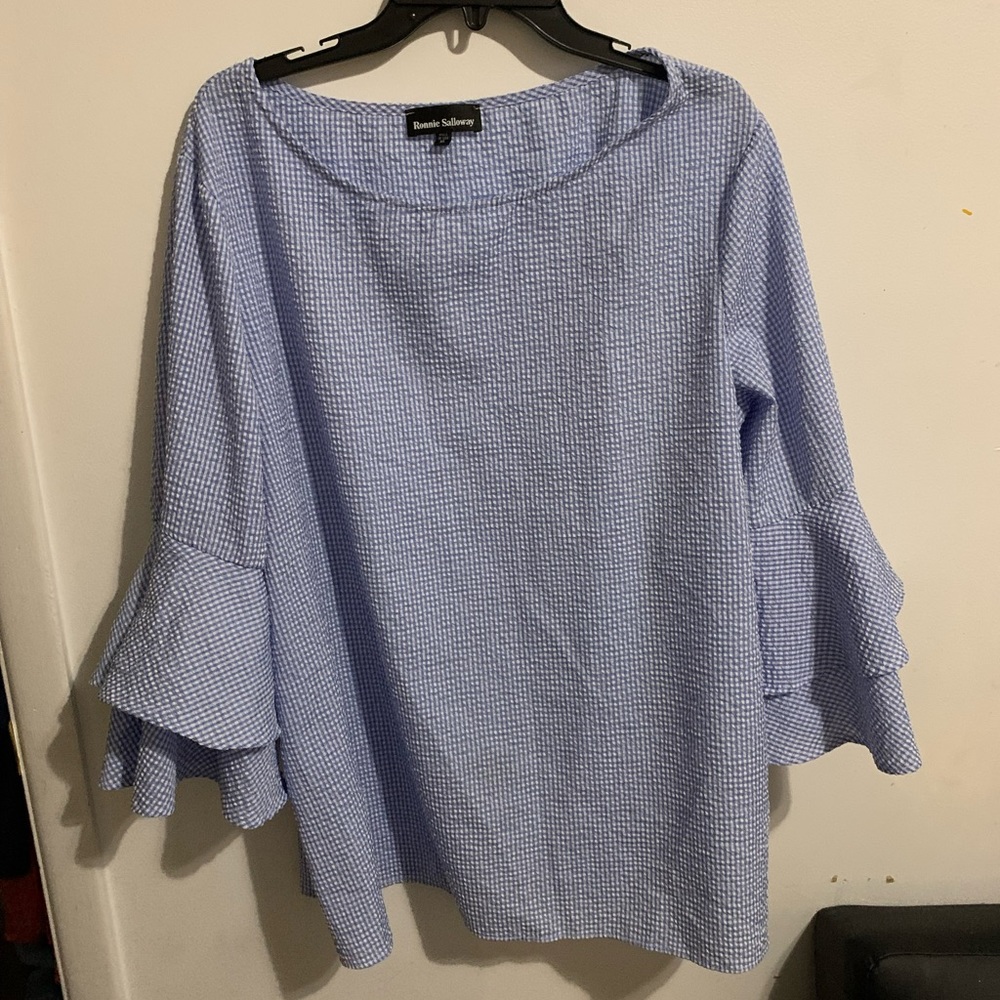Ronnie Salloway Blue and White Gingham Shirt with Ruffles- Sz XL